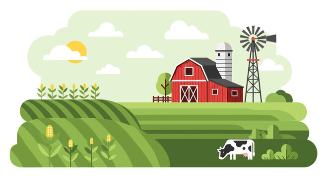 Flat design farm landscape with red barn and windmill, agricultural corn field vector illustration, rural countryside scene with grazing cow