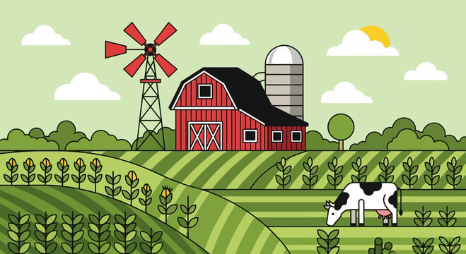 Flat farm landscape vector illustration, red barn with windmill and dairy cow, agricultural field scene for organic food packaging