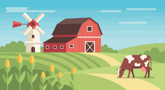 Flat farm landscape vector illustration with red barn, windmill, cow grazing on green pasture, corn field background
