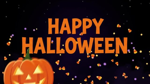 Happy halloween greeting with animated pumpkin and bats on a dark background with orange candy corn with greeting text holiday