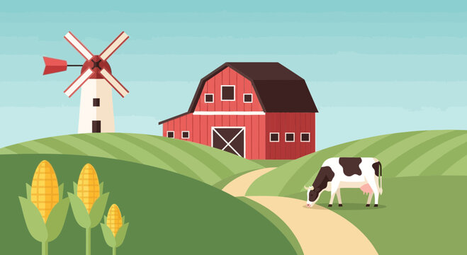 Rural farm landscape with red barn and windmill, pastoral countryside scene with grazing cow and corn crops, flat vector agriculture illustration