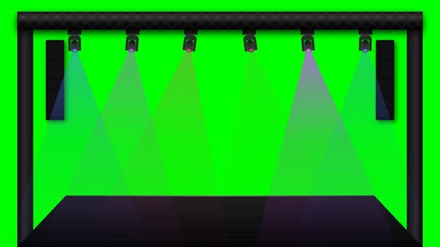 A high-end concert stage mockup featuring realistic truss structures and seamlessly choreographed hanging moving head fixtures emitting colorful, flashing, and twinkling volumetric beams.