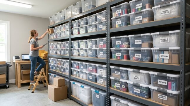 A woman organizes storage bins on shelves in a well-lit, organized garage. She is wearing casual clothing and appears focused on her task. The shelves are filled with clear plastic bins