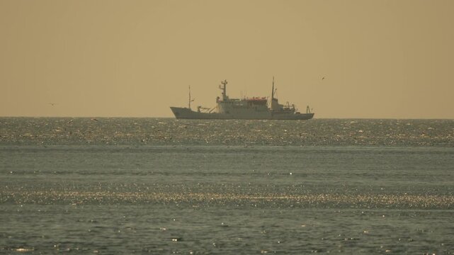 Ship ocean horizon, large vessel sails on the glittering sea under a golden hour sky, peaceful distant maritime scene