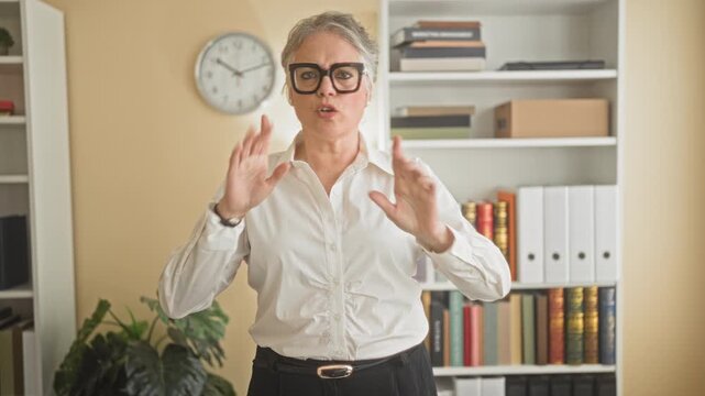 Woman with short hair makes arms crossed x gesture, hands visible, standing in building study before bookshelf and wall clock, wearing glasses and white shirt; firm rejection.