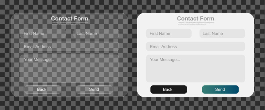 Modern glassmorphism and light mode contact form UI design mockups with input fields and buttons
