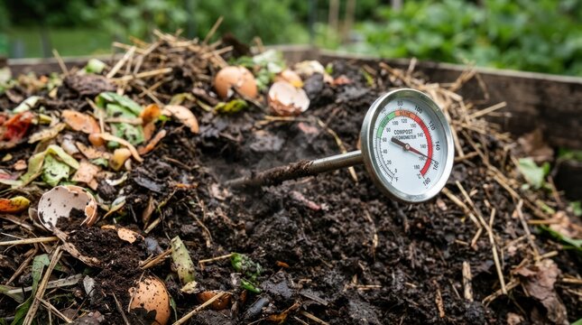 A compost pile with a thermometer inserted, surrounded by organic materials and greenery in a garden setting.