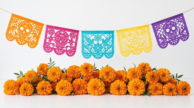 Day of the Dead Papel Picado Banners and Marigold Flowers Decoration