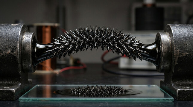 Magnetic liquid ferrofluid bridge suspended between electromagnetic poles forming geometric spikes defying gravity above glass in studio setup