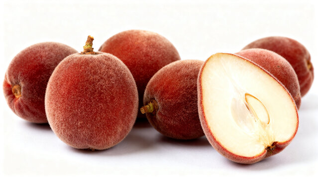 Fresh Indonesian bisbul velvet apples isolated on a pure white background, featuring reddish-brown fuzzy fruit skin and creamy pale flesh