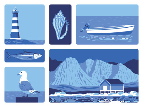 Fishing nautical seamless handmade drawing pattern with boat, seagull, fishing house, lighthouse, island and sea waves. Traditional patchwork style background illustration. Trendy textile print