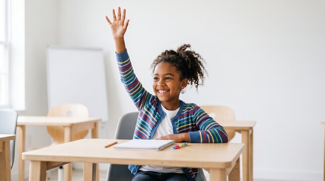 Young girl raising hand in classroom eager to answer question
