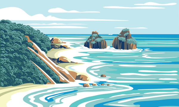 Tropical exotic romantic landscape with clear sea beach, traditional jungle and plants in the front and cliffs, waves and sea in the background. Handmade drawing vector illustration.