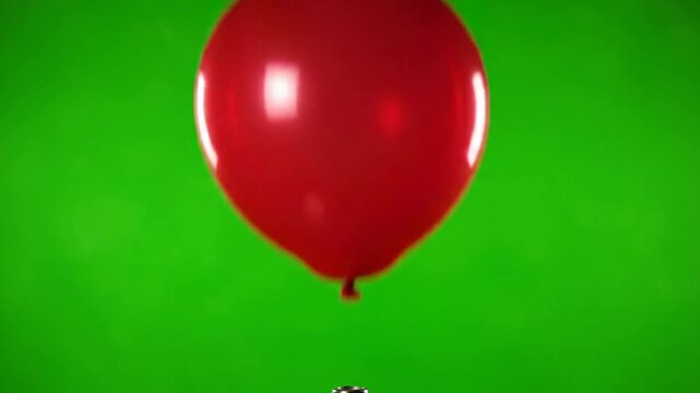 Red balloon floating upward against green screen background, for easy compositing, and chroma key editing