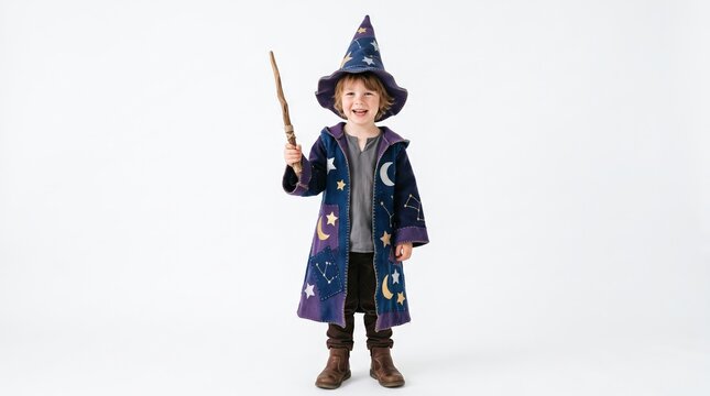 Young boy dressed as a wizard holding a magic wand and smiling