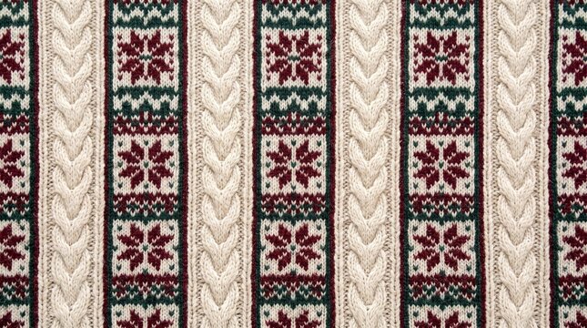 Knitted fabric pattern background with winter Nordic floral motifs and cable knit vertical stripes in red white and green