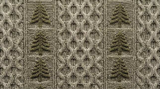 Knitted fabric texture with cable knit patterns and pine tree motifs for cozy winter apparel