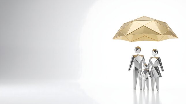 Metallic family figures standing safely beneath a golden geometric shield dome