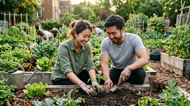 Young Asian couple planting vegetables together in a thriving community garden, surrounded by raised beds and fresh produce, representing sustainable living, urban gardening, teamwork and healthy life