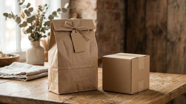 Kraft paper bag with twine and shipping box on wooden table. Eco friendly packaging and delivery mockup
