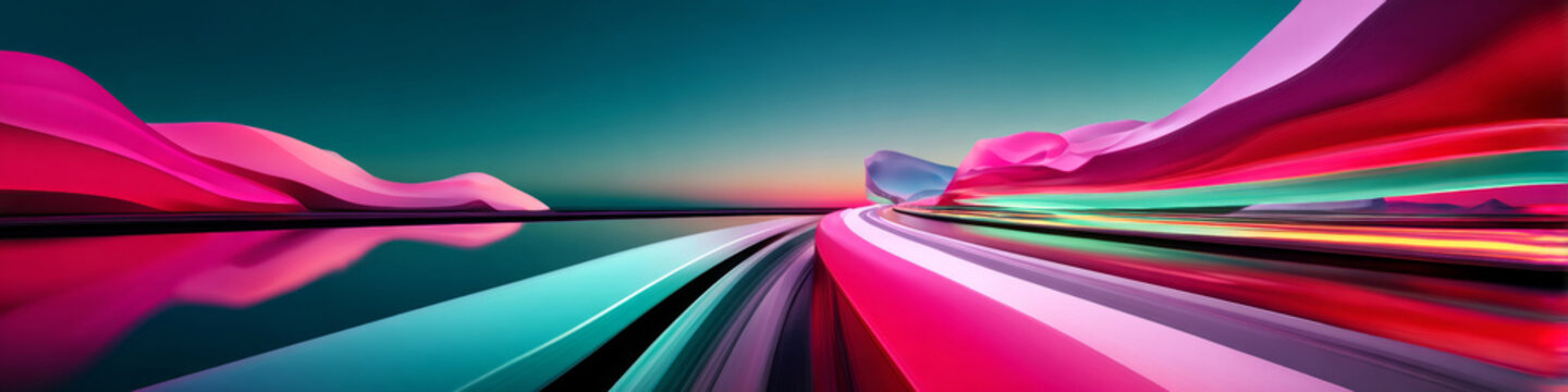 A stunning panoramic view of a surreal landscape with vibrant colors and fluid shapes, creating an otherworldly atmosphere