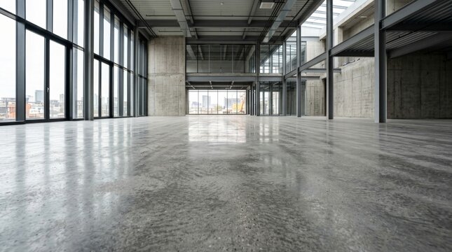 Modern concrete floor in large empty commercial interior with glass windows and steel structure