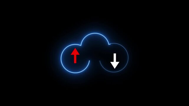 neon cloud upload and download arrows moving up and down file transfer motion graphics animation.