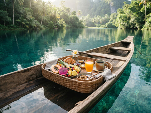 Floating breakfast on a wooden boat in a tropical lagoon