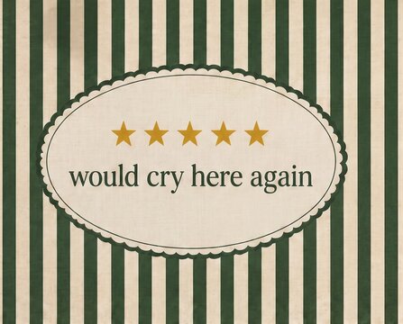 Would cry here again 5 star review funny wall art print. Retro green striped bathroom decor, humorous mental health quote oval label poster