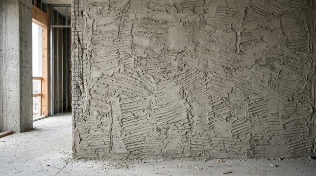 Rough plaster scratch coat on a wall in a building under construction. Masonry and concrete interior