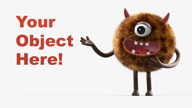 Fluffy, cute monster presents a space for "Your Object Here!" 3D rendering, promotional image. Isolated on white background.