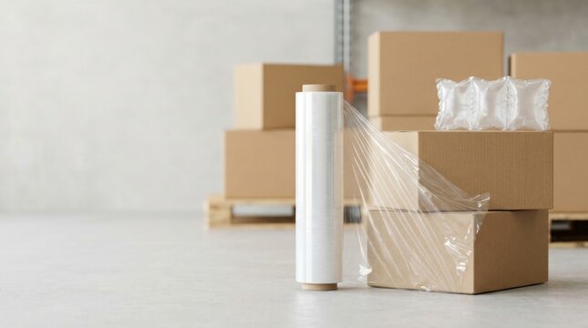 Plastic stretch wrap roll and cardboard shipping boxes in a warehouse. Logistics and packaging concept
