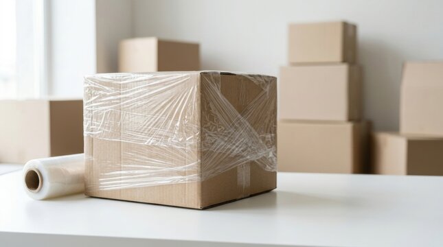 Cardboard shipping box sealed with plastic stretch wrap on a white table. Warehouse packaging scene