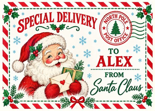 Personalized Santa Claus Christmas postcard print. Vintage North Pole air mail special delivery letter greeting card for kids