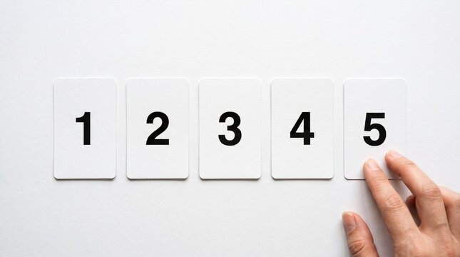 Finger touching white playing card with number five in set of sequential numeric game cards.