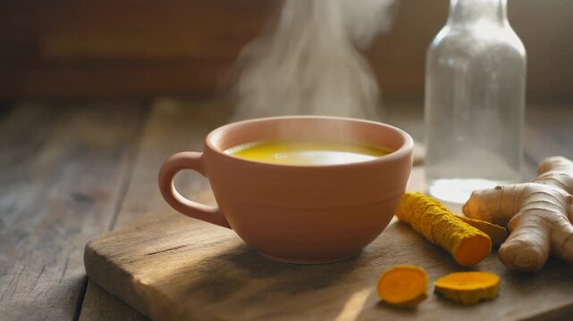 Steam rising from a clay cup of golden turmeric herbal drink beside fresh ginger in morning light rays