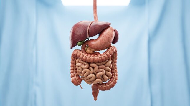 Human digestive system with organs like liver and intestines for medical education.