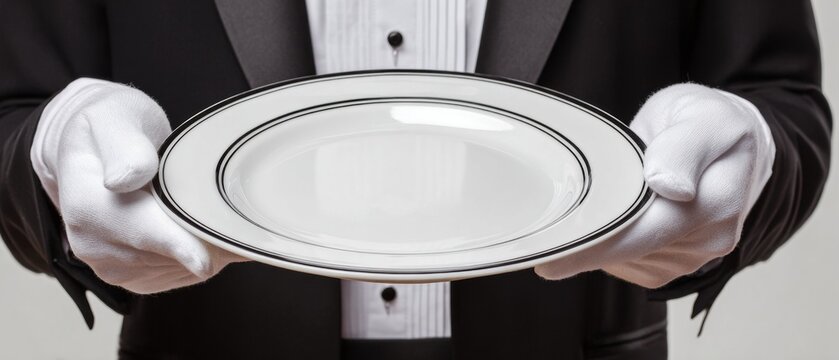 A person in a tuxedo and white gloves holds an empty white plate with black rims against a plain background.