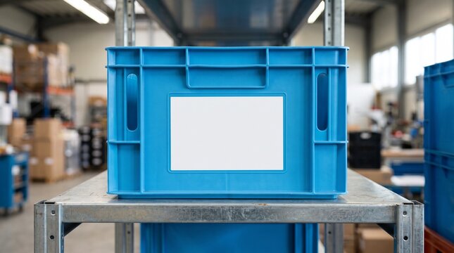 Vibrant blue plastic storage crate on industrial metal shelving unit in a brightly lit warehouse fac
