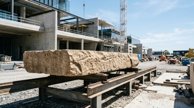 Large sandstone slab on steel supports at a construction site. Raw stone block for architecture and masonry work outdoors