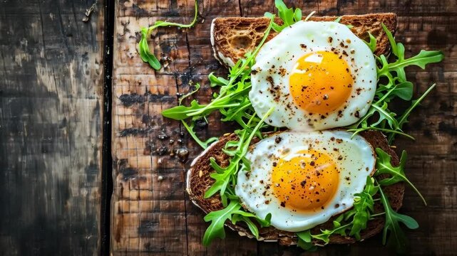 Sunny-side-up Fried Eggs on Toasted Bread with Arugula on Rustic Wood