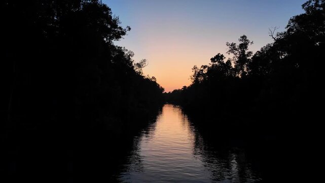 Tropical forest silhouettes against a colorful sunset sky with reflections on the river, Tanjung Puting National Park, Borneo, Indonesia