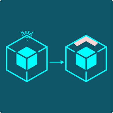 Security Patch Icon &ndash; software package with a cracked vulnerable corner sealed by a fitted patch at the exact weak spot, closing the security gap without replacing the software