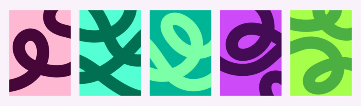 Abstract Vector Cover Collection with Colorful Scribble Line Art, Modern Spiral Squiggle Background Set for Poster, Card, Banner, and Graphic Design Template