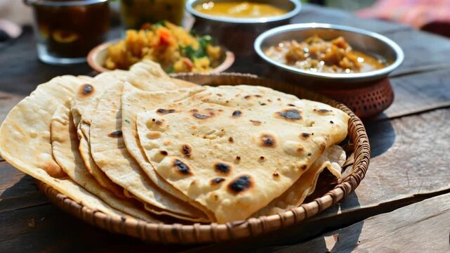 Homemade Rotis and Traditional Curry Dishes on a Rustic Table