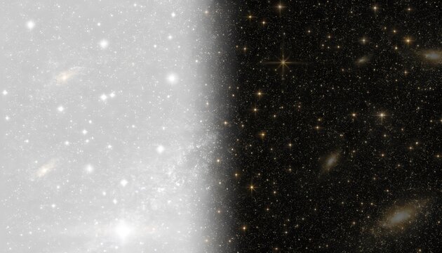 Deep space galaxies and star clusters contrast in split-screen cosmic background for astronomy education