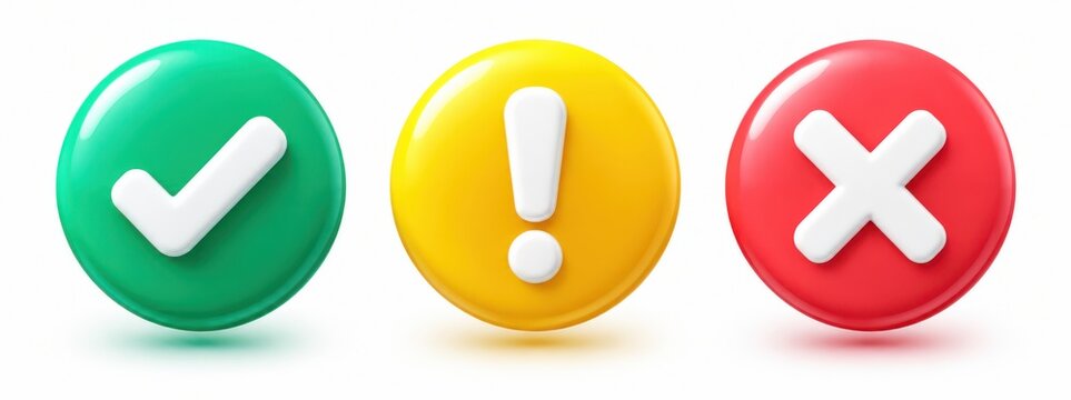Three colorful round icons represent check mark, exclamation, and cross sign.