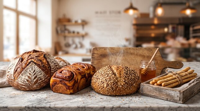 Artisan sourdough bread and rustic bakery loaves, fresh organic crusty bread on marble counter, assortment of homemade pastries in a cozy bakehouse