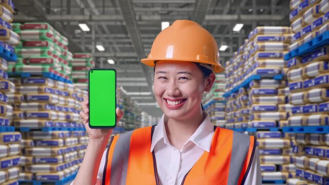 Close Up Of Asian Female Engineer With Safety Helmet Smiling And Showing Green Screen Smartphone To The Camera at Warehouse Stacked Cement Bags Pallets