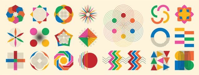Obraz na płótnie Canvas Modern abstract vector geometric element collection with colorful circles, spirals, stars and retro mid century graphic symbols